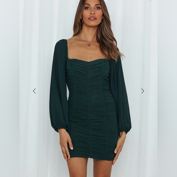 Hello Molly Dresses & Skirts - Hello Molly Luxury Love Dark Green Long Sleeve Ruched Dress Size Small